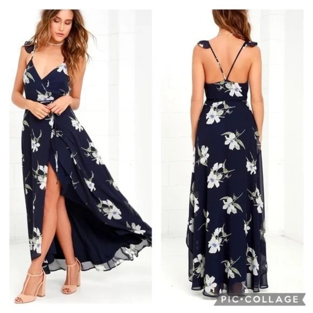Lulus Navy Floral Maxi Dress Wrap Style Slit Spaghetti‎ Straps Women's XS